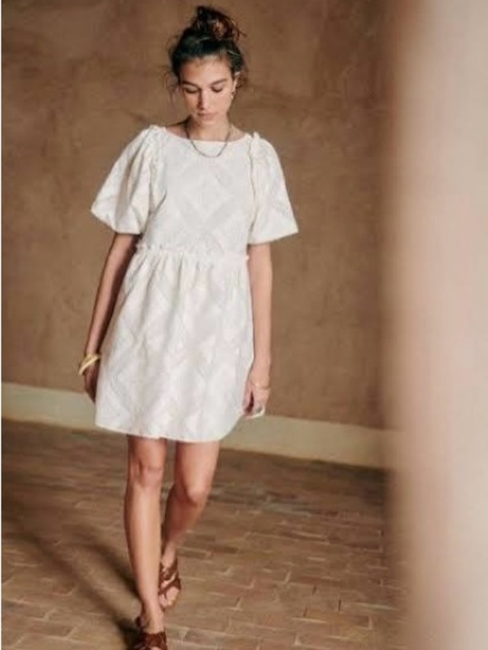 Sezane White Embroidered Puff-Sleeve Dress